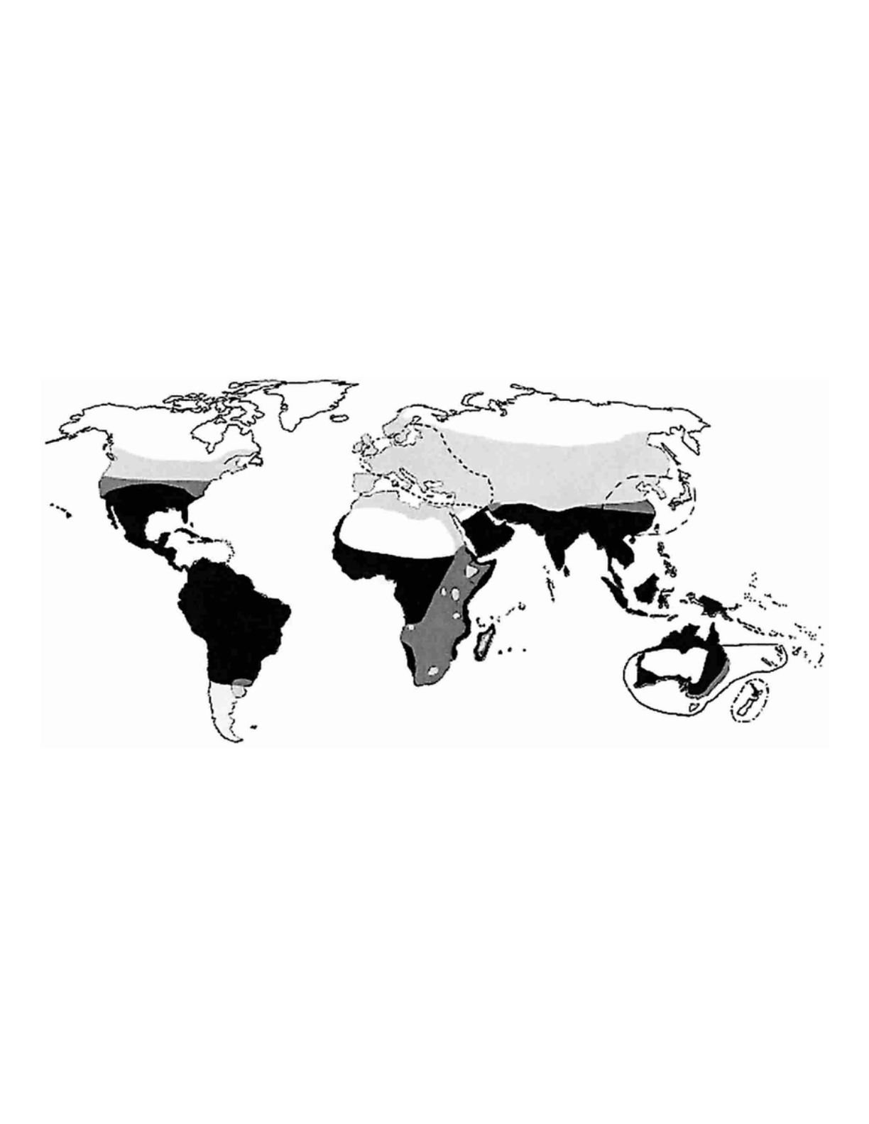 Distribution of the Culex pipiens complex and its sibling species based on maps of Dahl, 35 Belkin, 36 Mattingly and others, 37 and available literature. 12,38,39 Light gray Cx. pipiens; black Cx. quinquefasciatus; dark gray overlapping ranges of Cx. pipiens and Cx. quinquefasciatus; region marked by dotted line Cx. torrentium; region marked by solid line Cx. australicus; region marked by dashed line Cx. pipiens pallens; New Zealand marked by dotted and dashed line Cx. pervigilans.